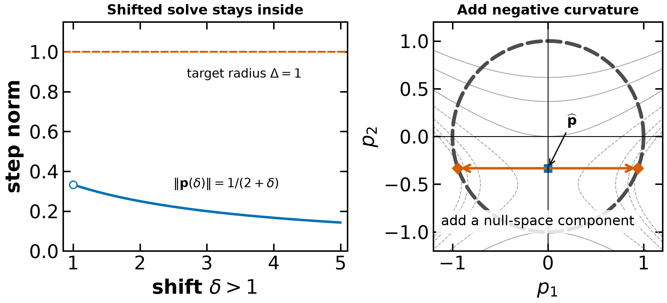The shifted norm cannot reach the radius, but a null-space component completes the boundary solution.