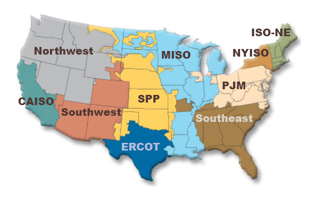 Map of the United States coloured by wholesale electricity market: the seven RTO/ISO regions (CAISO, SPP, ERCOT, MISO, PJM, NYISO and ISO-NE) cover most of the country, while much of the Southeast and the non-California West are not served by an organized market.